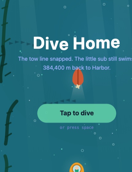 Dive Home title screen: a small yellow submarine among kelp.