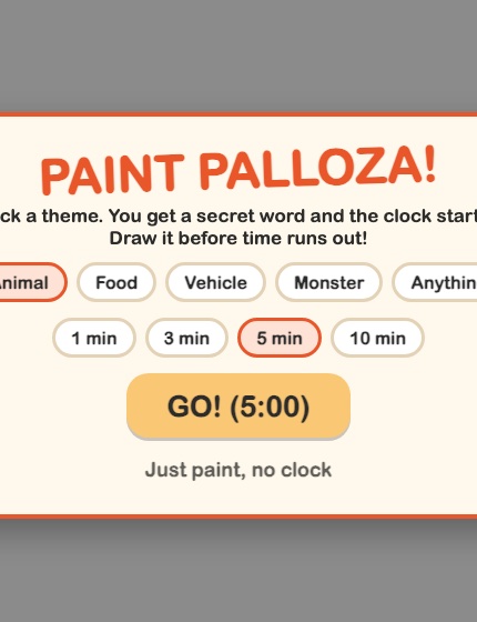 Paint Palloza start screen: pick a theme and a clock, then GO.