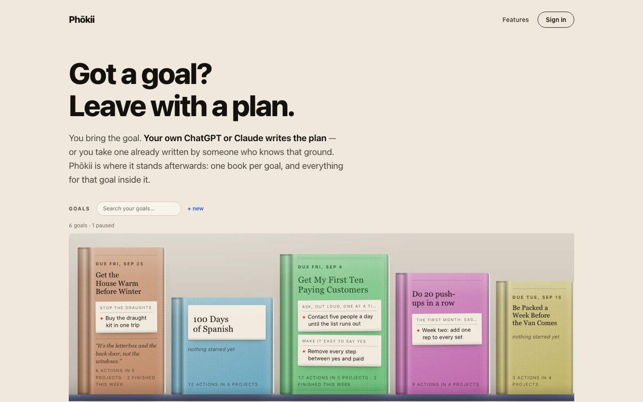 The Phokii goals shelf: a row of books, one per goal, each showing its next starred action.