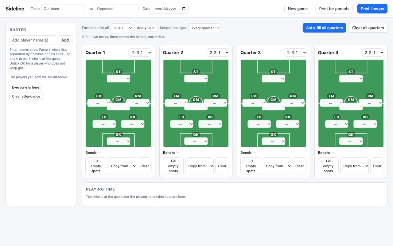 Sideline: four quarter pitches side by side with a roster panel on the left.